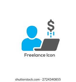 Ícone freelance moderno em estilo minimalista plano, conceito de trabalho remoto com laptop e cifrão, ilustração vetor simples para design de negócios digitais

