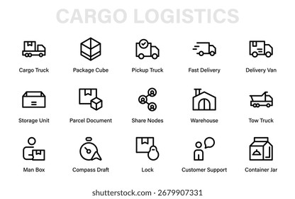 Conjunto de iconos de línea de mensajería de logística de carga moderna, paquete de Vector de contorno de Profesional para servicios de entrega, envío, Transporte y suministro