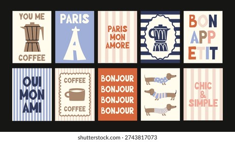 Modern French poster set with coffee cups, Paris vibes, cute dachshunds and playful lettering in trendy doodle cut style.