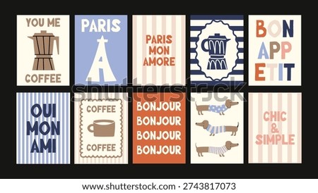 Modern French poster set with coffee cups, Paris vibes, cute dachshunds and playful lettering in trendy doodle cut style.