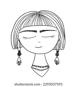 Modern Frida Kahlo outline illustration image. 
Hand drawn image artwork. 
Simple cute original logo of a monochrome Frida Kahlo.
Hand drawn vector illustration for posters, cards, t-shirts.