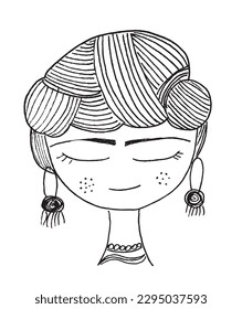 Modern Frida Kahlo outline illustration image. 
Hand drawn image artwork. 
Simple cute original logo of a monochrome Frida Kahlo.
Hand drawn vector illustration for posters, cards, t-shirts.