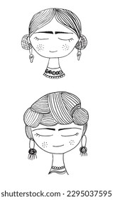 Modern Frida Kahlo outline illustration image. 
Hand drawn image artwork. 
Simple cute original logo of a monochrome Frida Kahlo.
Hand drawn vector illustration for posters, cards, t-shirts.