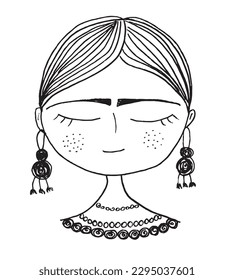 Modern Frida Kahlo outline illustration image. 
Hand drawn image artwork. 
Simple cute original logo of a monochrome Frida Kahlo.
Hand drawn vector illustration for posters, cards, t-shirts.