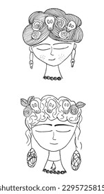 Modern Frida Kahlo outline illustration image. 
Hand drawn image artwork. 
Simple cute original logo of a monochrome Frida Kahlo.
Hand drawn vector illustration for posters, cards, t-shirts.