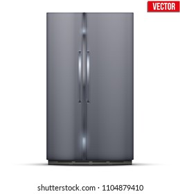 Modern Fridge Freezer refrigerator with double doors in silver color. Household tech and appliances. Vector Illustration isolated on white background.