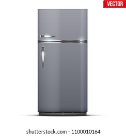 Modern Fridge Freezer Refrigerator In Silver Color. Household Tech And Appliances. Vector Illustration Isolated On White Background.