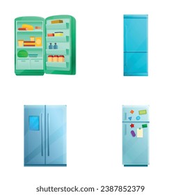 Modern fridge icons set cartoon vector. Different size and color refrigerator. Home appliance, product storage