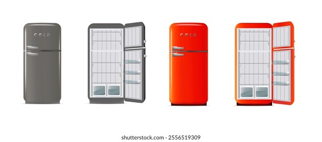 Modern fridges. Realistic coolers, refrigerators for home or restaurant kitchen and cold products storage. 3d Vector