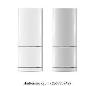 Modern fridges. Realistic silver coolers, refrigerators of different size for home or restaurant kitchen and cold products storage. Vector