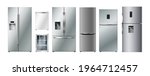 Modern fridges set. Realistic silver coolers, refrigerators of different size for home or restaurant kitchen and cold products storage. 3d vector illustration