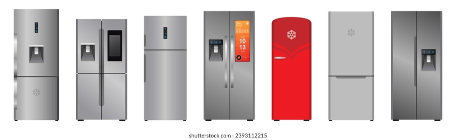 Modern fridges set. Realistic silver coolers, refrigerators of different size for home or restaurant kitchen and cold products storage vector illustration