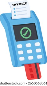 Um ícone 2D moderno e amigável de um terminal POS azul, com uma marca de seleção verde na tela e um recibo de fatura branco saindo do topo.