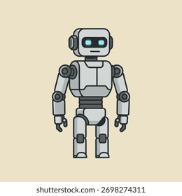 A modern, friendly grey robot with glowing blue eyes stands against a light background, symbolizing artificial intelligence and technology.