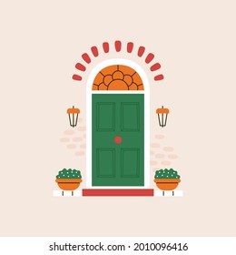 Modern front house door. Abstract old green doorstep home entrance, brick wall and plants. Vector illustration