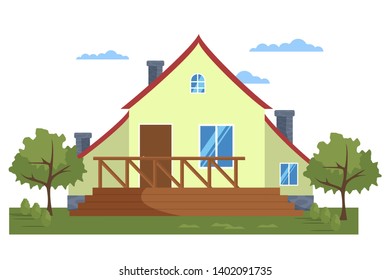 Modern front of house flat vector illustration. Private house with yard exterior, facade drawing. Own property, real estate