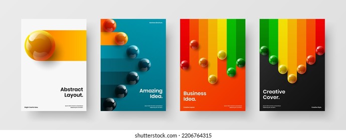 Modern front page A4 design vector illustration composition. Vivid 3D spheres company identity layout set.