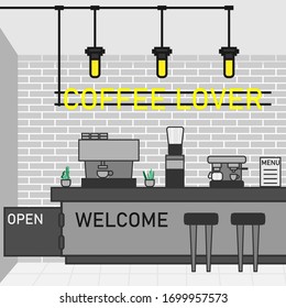 Modern Front View Interior Coffee Shop. No People Flat Vector Illustrator