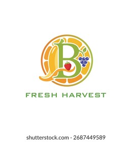 Modern Fruit Harvest Vector Logo Design Template with Initial  Letter B and Mixed Fruits.