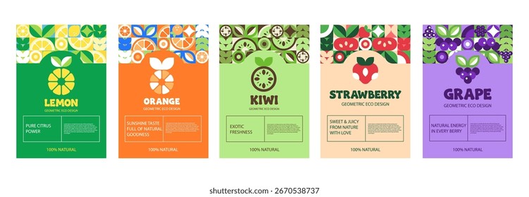 Etiquetas de frutas modernas con diseño de mosaico geométrico en una Ilustración vectorial