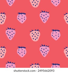 Modern fruit pink color theme pattern of strawberries. Berry coral red background fabric and wallpaper print.