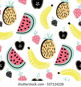 Modern fruit seamless pattern. Great for kids fabric, textile, etc. Vector Illustration 