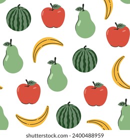 Modern fruit vector background template. Citrus fruits seamless pattern. Hand drawn vector illustration of fruit. Engraved style. Vintage citrus background. Apple, watermelon, pear, pineapple, cherry,