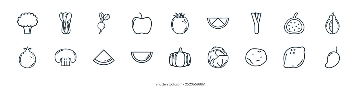 Icono moderno de frutas y verduras. Perfecto para diseños de IU lineales con mango de Vector, limón, papa, repollo, calabaza, sandía, sandía y más iconos para App móviles y de Web.