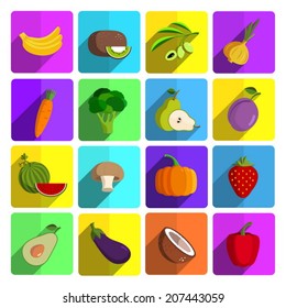 Modern fruits and vegetables vector icon set