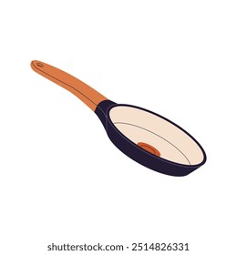 Moderna frigideira com alça de madeira. Utensílios de cozinha para preparar alimentos. Cookware para fritar, utensílios de cozinha para grelhar, assado. Chef ferramenta para cozinhar comer. Ilustração de vetor isolado plano em branco