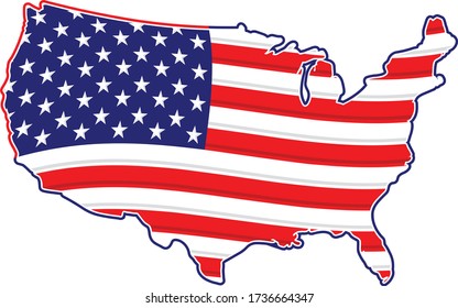 Modern full color vector illustration of the United States of America silhouette with red, white and blue stars and stripes waving flag inside of outlined border patriotic illustrator 10 eps format  