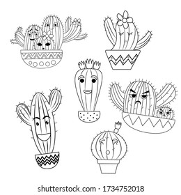 Modern fun cactus coloring book, great design for any purposes. Doodle icon on white backdrop. Line drawing. Doodle illustration. Pattern Outline Cartoon cactus emotions happiness, sadness, surprise
