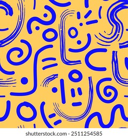 Moderno divertido vetor colorido abstrato padrão sem emenda. Fundo de desenho animado bonito, formas aleatórias simples em cores azuis e amarelas. Arte de estilo criativo para design moderno. Impressão exclusiva desenhada à mão. Não é IA
