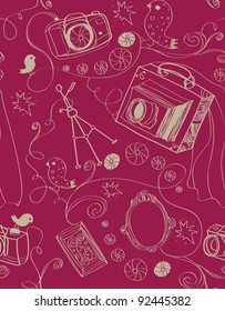 Modern fun colorful vector abstract seamless pattern with photo cameras. Creative style art for trendy design. Hand drawn unique print For gift wrap, packaging, banner, blog, card, social media EPS 10