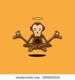 Modern, Fun, Minimalist, Cartoon Monkey Zen Meditation Vector Mascot Character Logo Illustration