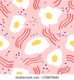 Modern fun pink eggs and bacon pattern. Seamless surface pattern for textile, wallpaper, bag, napkins, linen, clothes, gift card. Doodle vector pattern omelette scrambled egg design in memphis style.