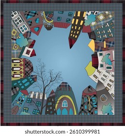 a modern fun print design with houses and a tree in a circle surrounded by houndstooth pattern and a frame with checkered pattern in colorful bright colors