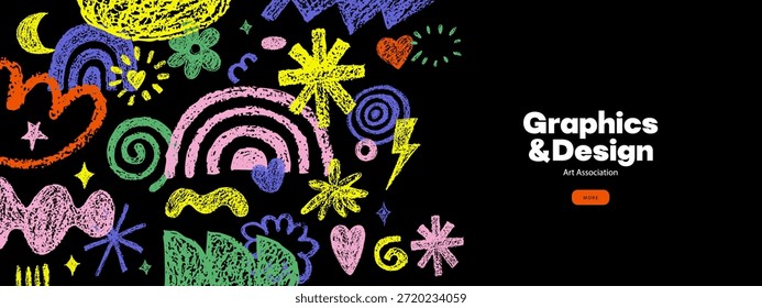 Anuncio moderno de Formas de doodle dibujadas a mano de crayón funky. Grunge lápiz de colores garabatos para el diseño de collages. Ilustración vectorial. Fondo de patrón geométrico