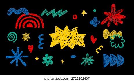 Modern funky crayon hand drawn doodle shapes banner. Grunge colorful pencil scribbles for collages design. Vector chalkboard illustration. Geometric pattern background