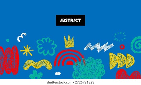 Anuncio moderno de Formas de doodle dibujadas a mano de crayón funky. Grunge lápiz de colores garabatos para el diseño de collages. Ilustración vectorial. Fondo de patrón geométrico