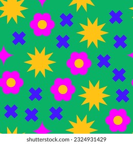 Modern funky floral seamless pattern. Retro nostalgia playful geometry. Abstract bold brutalism. Background, banner, wallpaper, wrapping paper, template.