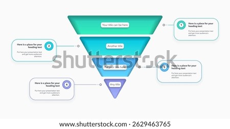 Modern funnel chart template with 4 colorful sections. Creative diagram divided into four parts with numbers and place for your content.