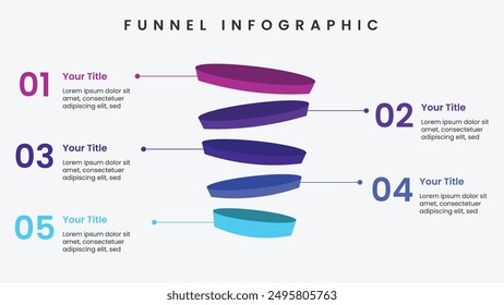 Modern funnel infographic template with 5 options. Creative presentation for business.