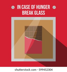 a modern funny clean  flat design style greeting card sign vector with text in case of hunger break glass illustration with simple opened chocolate bar vector a partly wrapped in a foil 