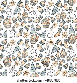 Modern funny color seamless pattern. Hand drawing vector design winter
 elements isolated on white. New Year and Christmas cartoon theme.