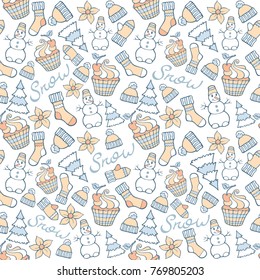 Modern funny color seamless pattern. Hand drawing and calligraphic  vector design elements isolated on white. New Year and Christmas cartoon theme.