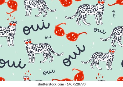 Modern funny illustration pattern with leopards and sunglasses. Fashionable template for design. Sign "OUI".