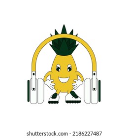 a modern funny illustration in the style of the 90s on the theme of music. image of a live pineapple surrounded by headphones
