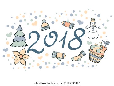 Modern funny lettering 2018. Vector color hand drawing ornament letters with design elements isolated on white. New Year cartoon theme with holiday symbols.