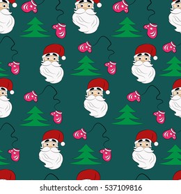 Modern funny pattern with Santa, fir tree and mittens in vector